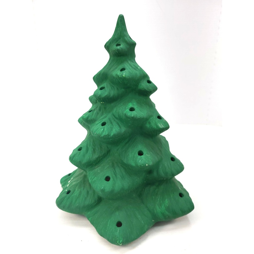 Vintage Unfinished Ceramic Christmas Tree Bisque Base-Coated Green 10.25" Tall